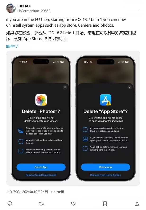 翠峦苹果手机维修分享iOS 18.2 支持删除 App Store 应用商店 