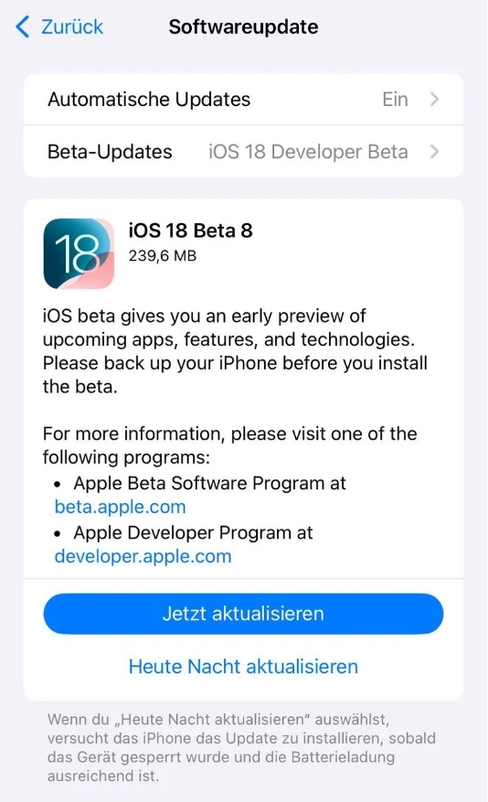 翠峦苹果手机维修分享苹果 iOS / iPadOS 18 开发者预览版 Beta 8 发布 
